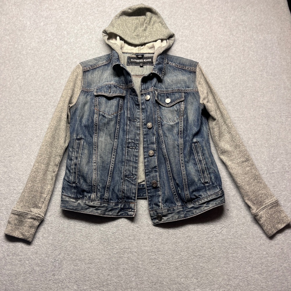 Express Jeans Women's Medium Blue Denim Jacket Grey Hooded Sweatshirt Sleeves